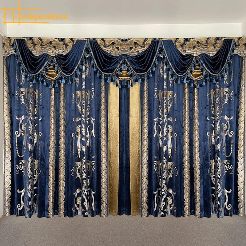 

Luxury European Retro Blue Gilded Velvet Patched Curtains for Living Room Bedroom French Window Villa Customization Valance