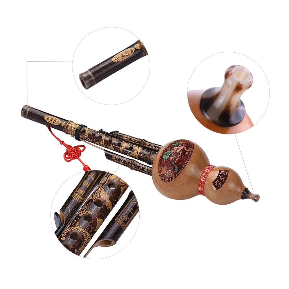 Chinese Handmade Black Bamboo Hulusi Gourd Cucurbit Flute Ethnic Musical Instrument Key of C with Case for Beginner Music Lovers