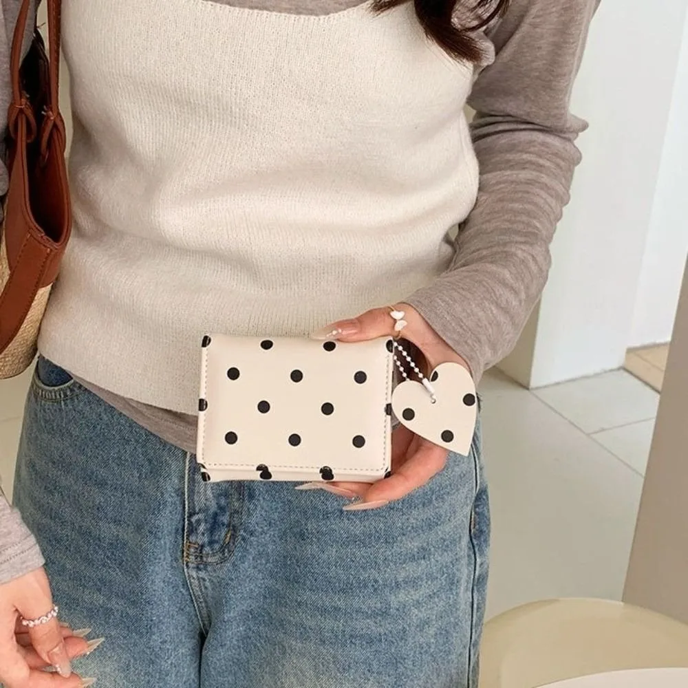Sweet Trifold Polka Dot Wallet Heart Pendant Multi-card Slot PU Card Holder Lightweight Multi-functional Coin Purse Daily