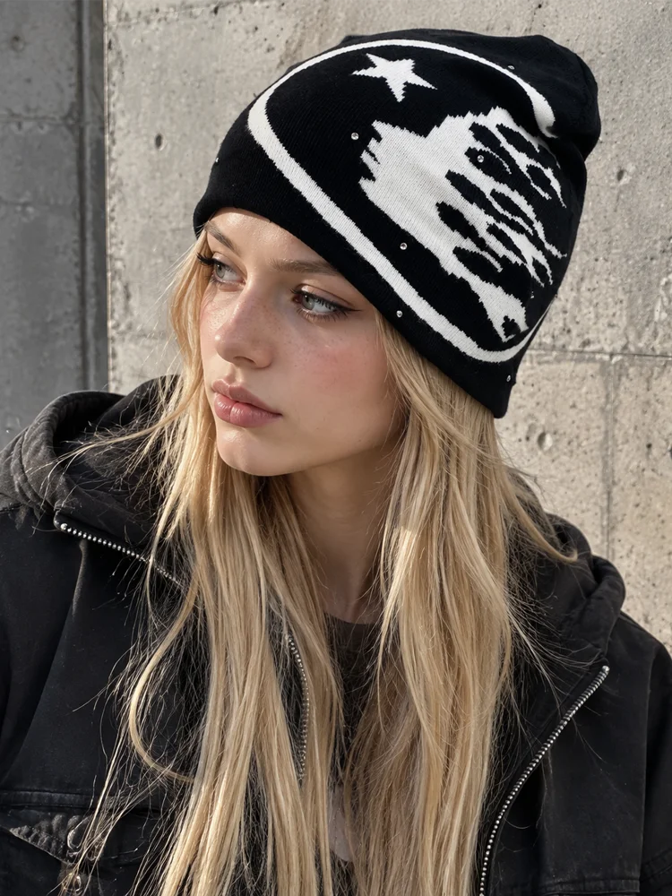 Y2K Rhinestone Knit Beanie Hat Unisex Slouchy Flame Star Graphic Print Warm Winter Streetwear Hip Hop Gothic Beanies
