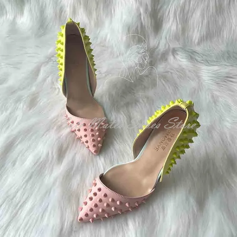 Escarpins en cuir à rivets jaune dégradé rose clair, chaussures habillées peu profondes à bout pointu, sandales Stiletto confortables pour femmes