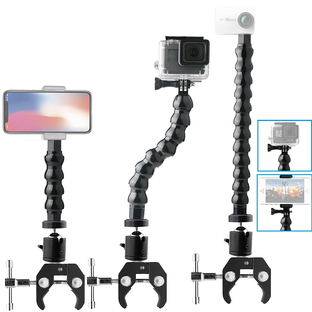 Flexível gooseneck monopé com suporte de montagem para gopro hero 5 6 7 8 9 10 sjcam dji osmo câmeras ação selfie vara para telefones