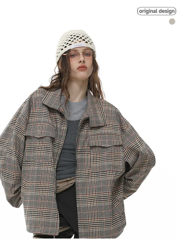 

Retro Japanese Sle Oversize Jaet for Men And Women Casual Cheered Patterned All-Match Outerwear Comfortable Loose Fit