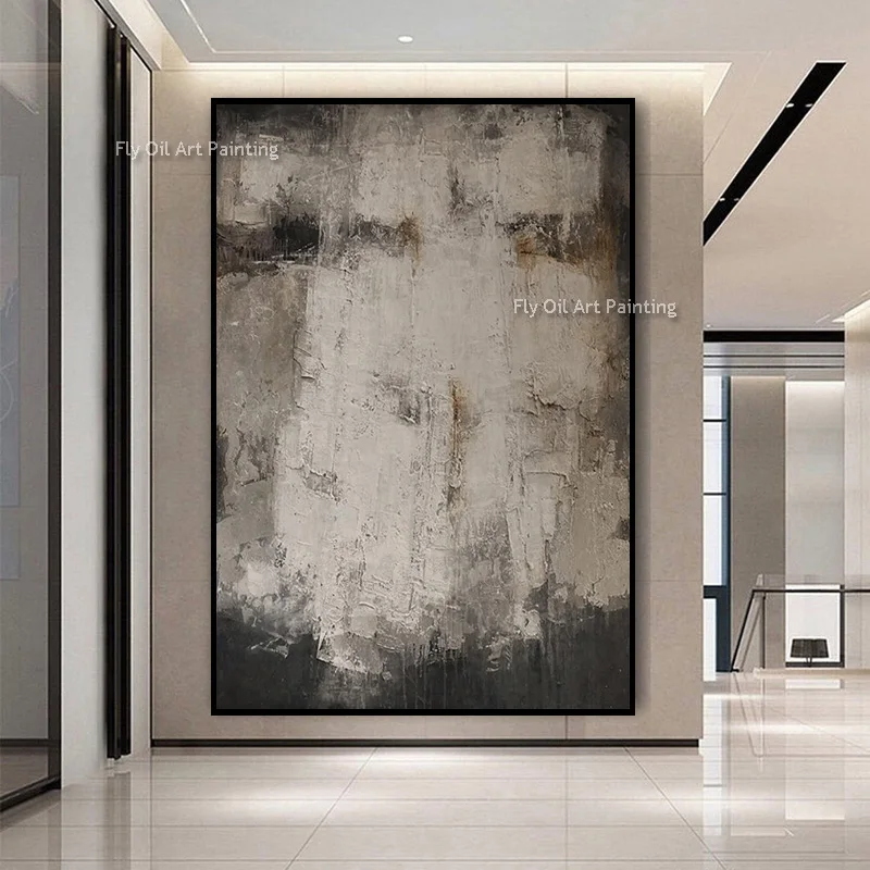 Thick Impasto Hand‑Painted Neutral Wall Art, Grey‑Black Textured Oil Painting, Modern Abstract Canvas Home Interior Decor