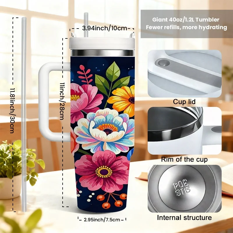 Vibrant Saturated Floral Digital Print 40Oz Stainless Steel Insulated Tumbler, Dark Blue Background with Whimsical Colorful Flower & Bokeh Design, Reusable Drink Cup for Daily Commute, Outdoor Trips & Office Use
