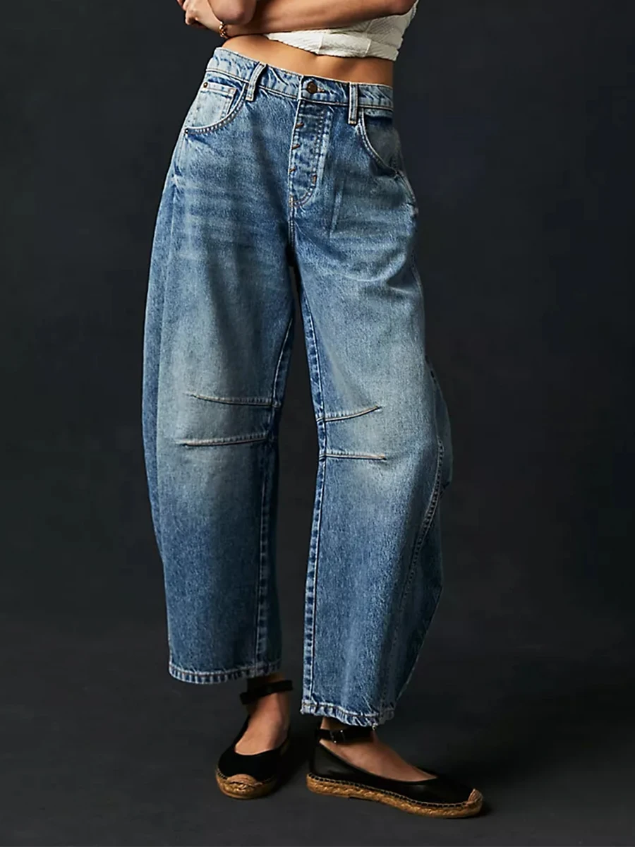 Women Casual Baggy Mid Waist Jeans Wide Leg Loose Boyfriend Denim Pants Straight Leg Cropped Barrel Jeans Y2k Clothes