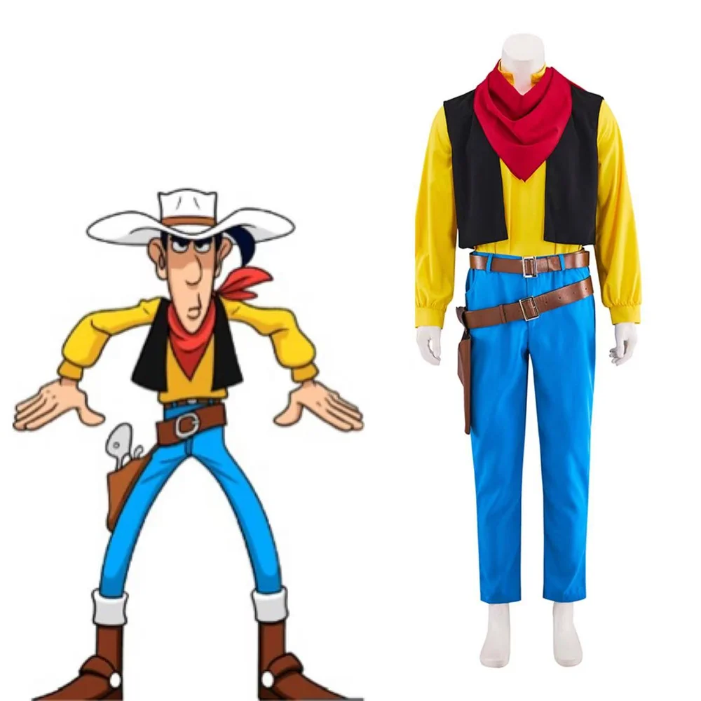 

Lucky Luke Cowboy Cosplay Costume Men Top Pants Fantasy Suit Full Set Halloween Carnival Outfits