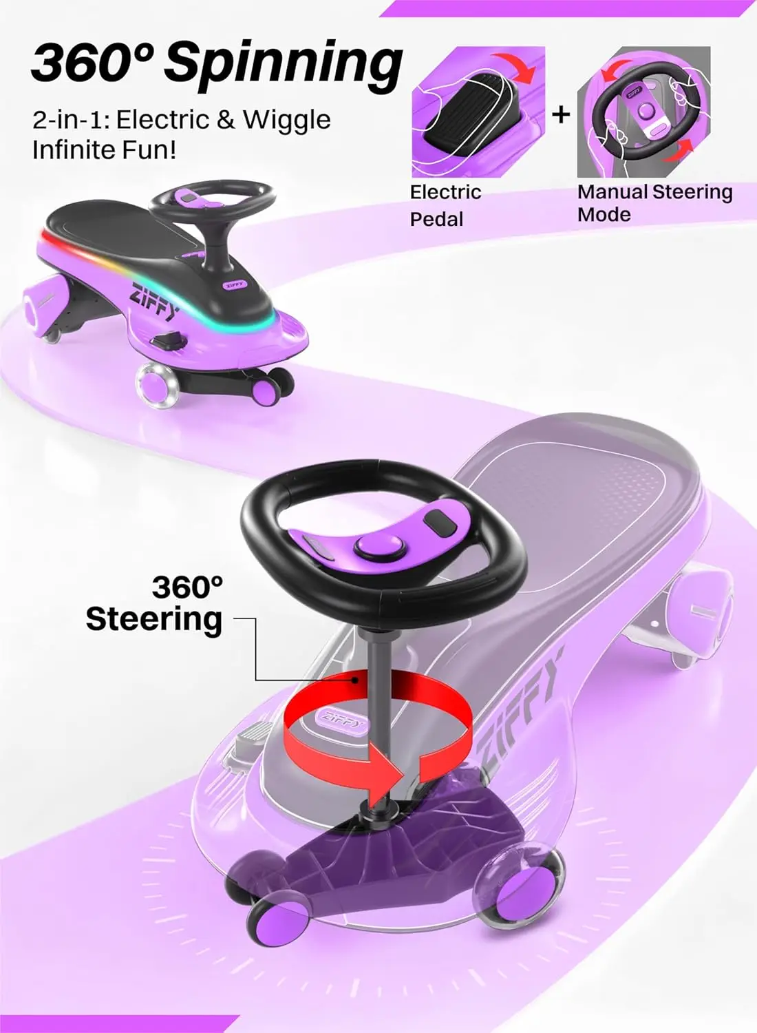 JOYFY 6V 5.5A Electric Wiggle Car with Pedal Light-Up Rechargeable Battery 2-in-1 Swing Car 2 Speed Ride-On for Kids Ages 3+