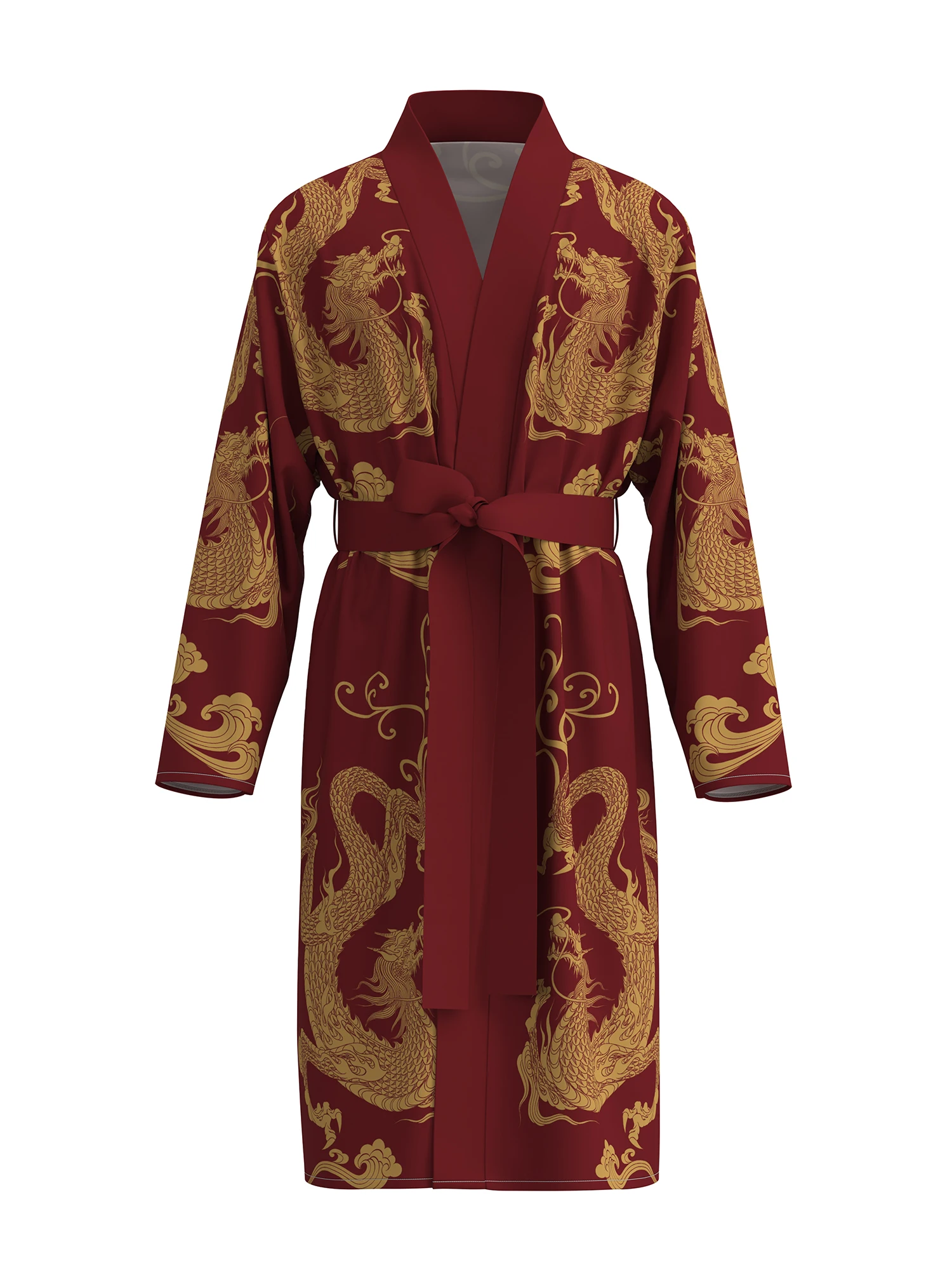 

New men's nightgown red dragon totem home bathrobe casual long sleeved pajamas