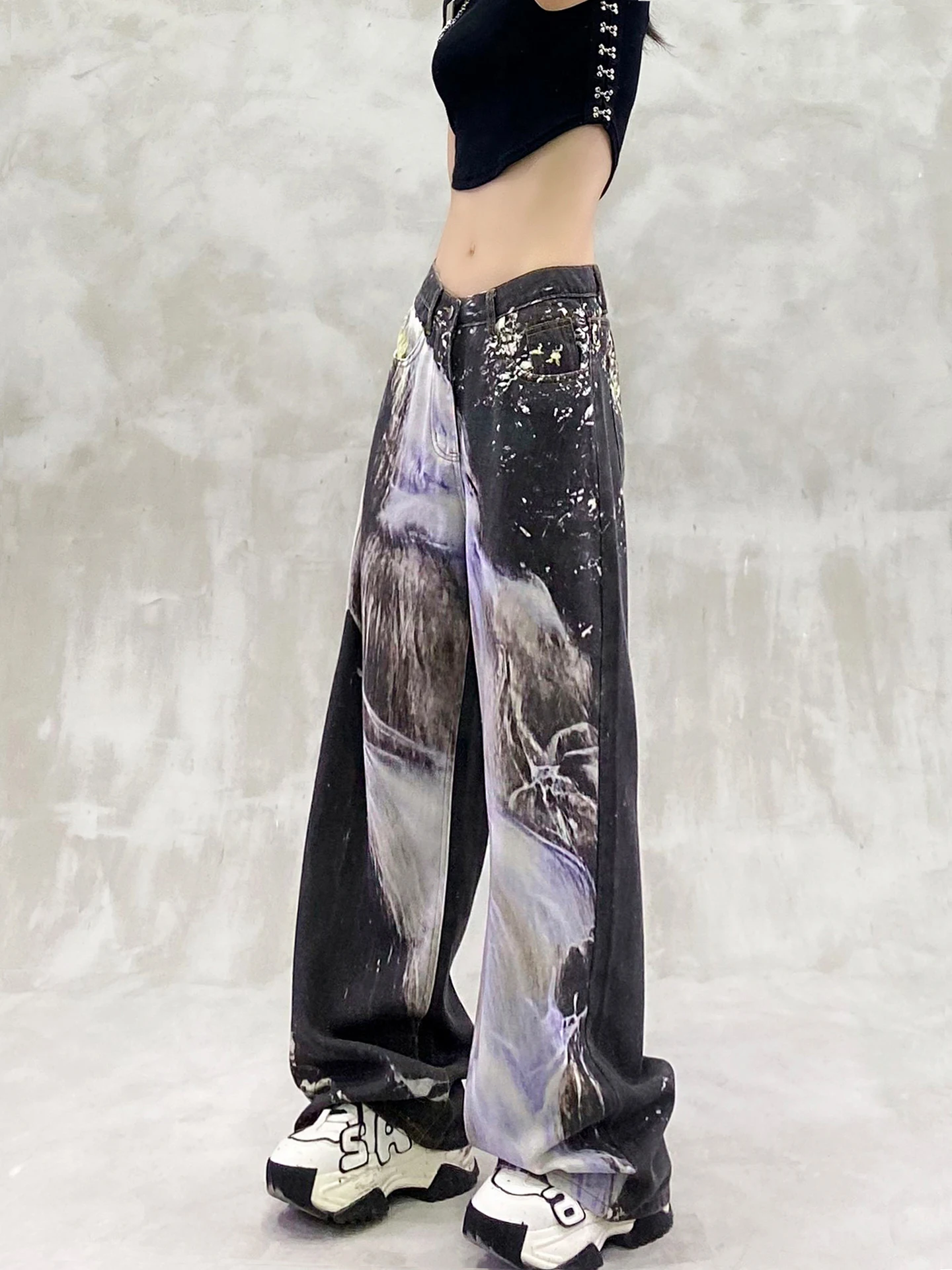 2025 Summer New Color Block Printed Design Washed Casual Jeans High Waist Loose Slimming Versatile Straight Wide Leg Pants