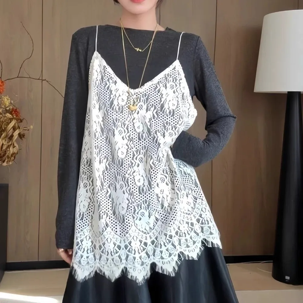 

Ins Beach Wear Lace Camisole Skirt Sweet Transparent Lace Underskirt Slips V-neck Lace Mesh Dress Spring Summer