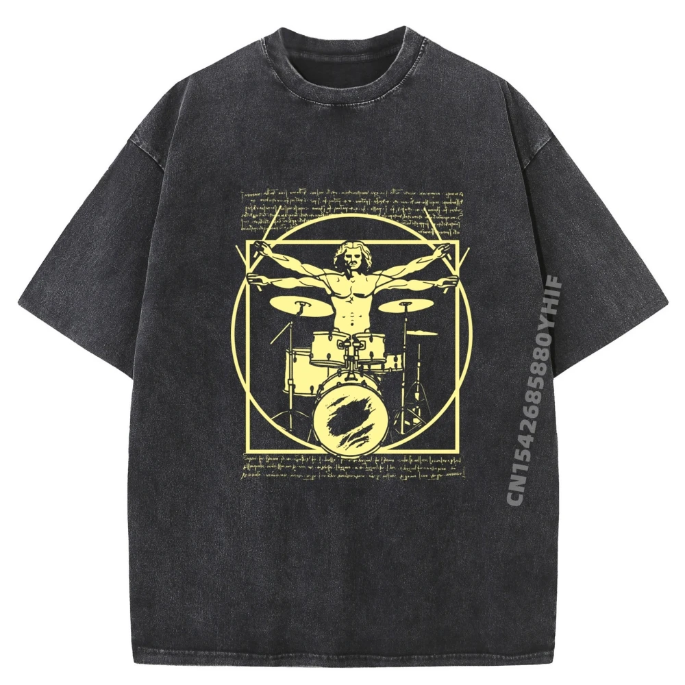 

Leonardo Da Vinci Vitruvian Man Rockstar Drums Designer Clothes Men's Clothing Retro Washed Shirt Chinese Style