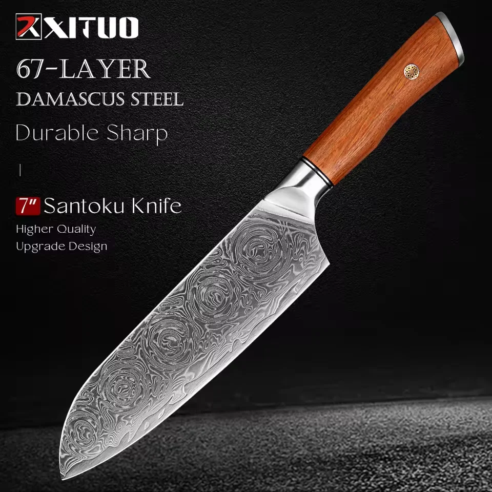 

Professional 7 Inch Santoku Knife, Japanese Damascus Steel Kitchen Knife for Meat and Vegetables with Ergonomic Rosewood Handle