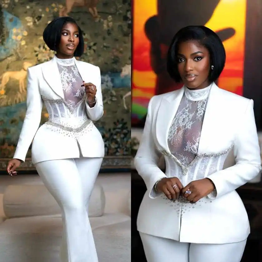 

Sexy Women's Suits Lace Long Sleeve Pant Sets Crystals Peaked Lapel Office Ladies Work Customized 2 Pieces Dinner Party Jacket