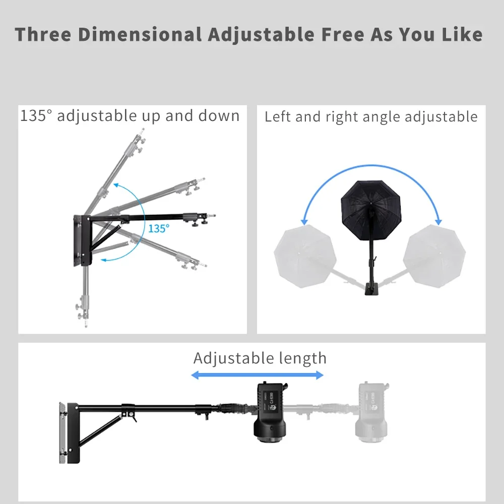 100/135/170cm Wandmontierter Auslegearm für Fotostudio-Softboxen und Video-Ringlichter, Maximale Länge, Horizontal und Vertikal Drehbar