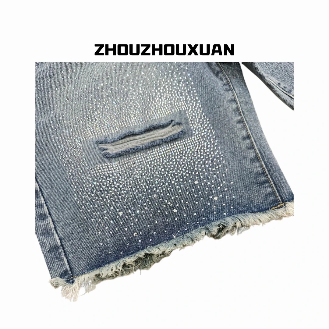 Korean Version Original Fashion Heavy-duty Rhinestone Denim Ripped Shorts Trendy Casual Loose Unisex Versatile Sports Shorts