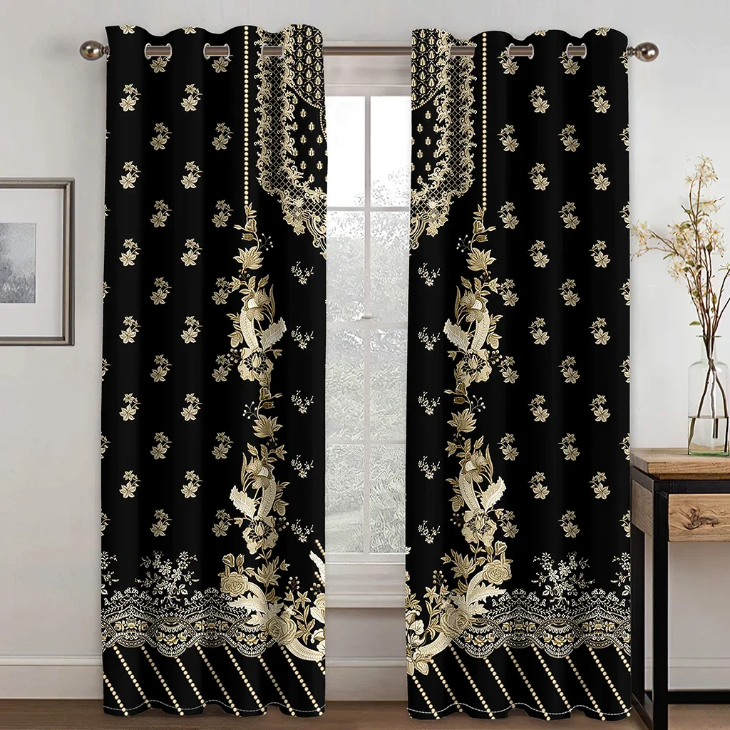 Elegant Cheap Gold Baroque Brands Black Modern Drapes 2 Pieces Thin Curtains for Living Room Bedroom Window Decor Free Shipping