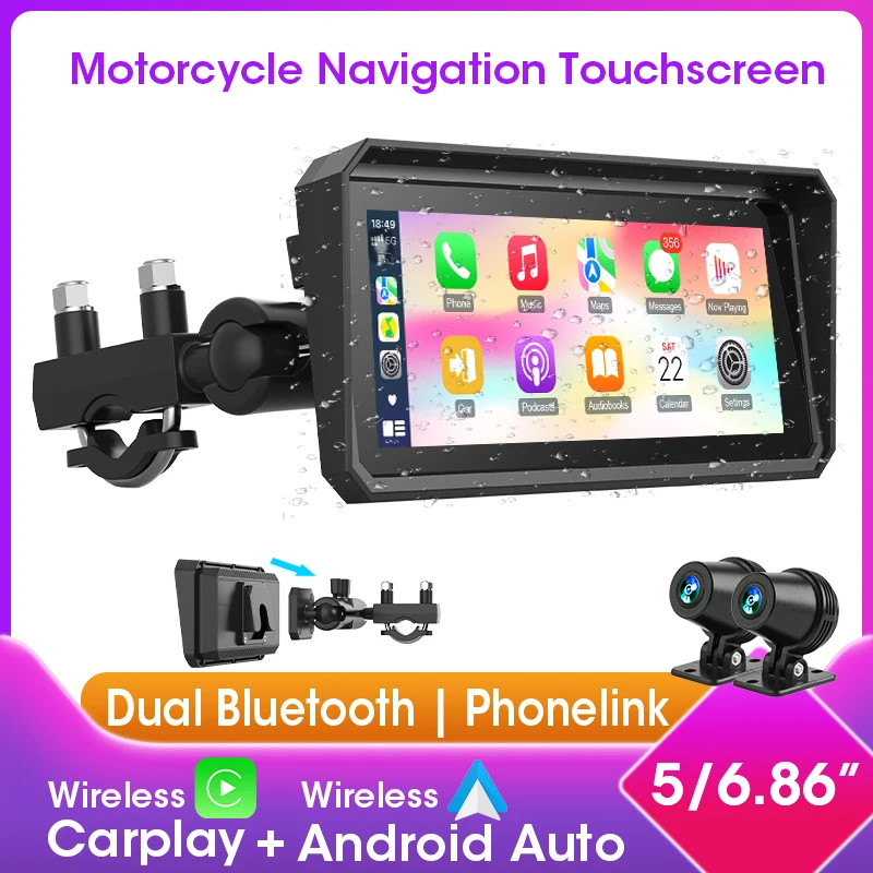 

JMCQ Carplay Motorcycle GPS Navigation 1080P Camera Moto DVR Wireless CarPlay Android Auto Waterproof Bluetooth Motobike Monitor