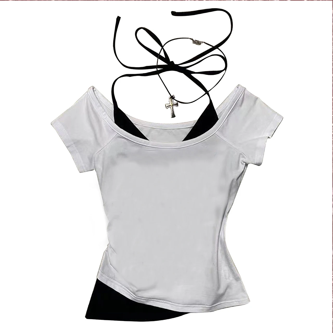 

Women's Y2K fake two American sweet short-sleeved women's slim tops trendy Alcatraz DIY summer sweet T-shirts