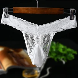 Men See Through Underwear Sexy Lace Oil Shiny Pouch Panties Breathable Thongs G String Low Waist Sissy Transparent String