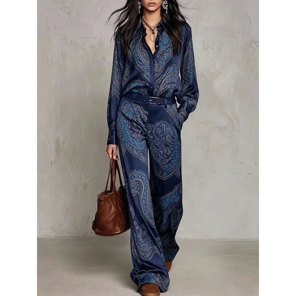 New Women's 2-piece Retro Paisley Print Lapel Long Sleeved Shirt, High Waist Wide Leg Pants, Casual Vacation Pocket Without Belt view 6