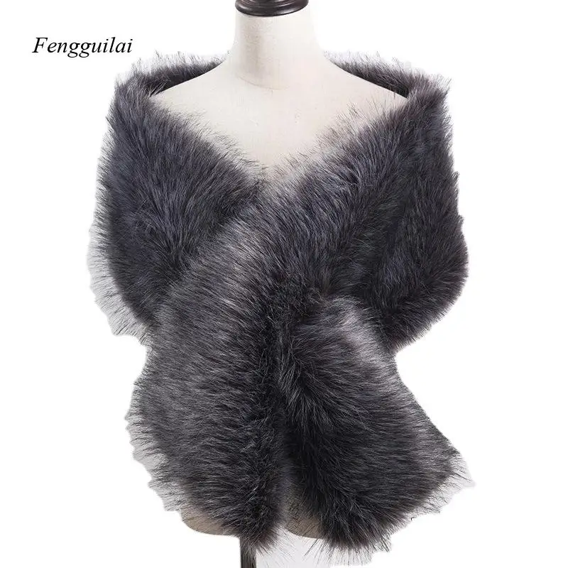 Women's White Faux Fur Shawl Bridal Wedding Wrap Winter Warm Fluffy Stole