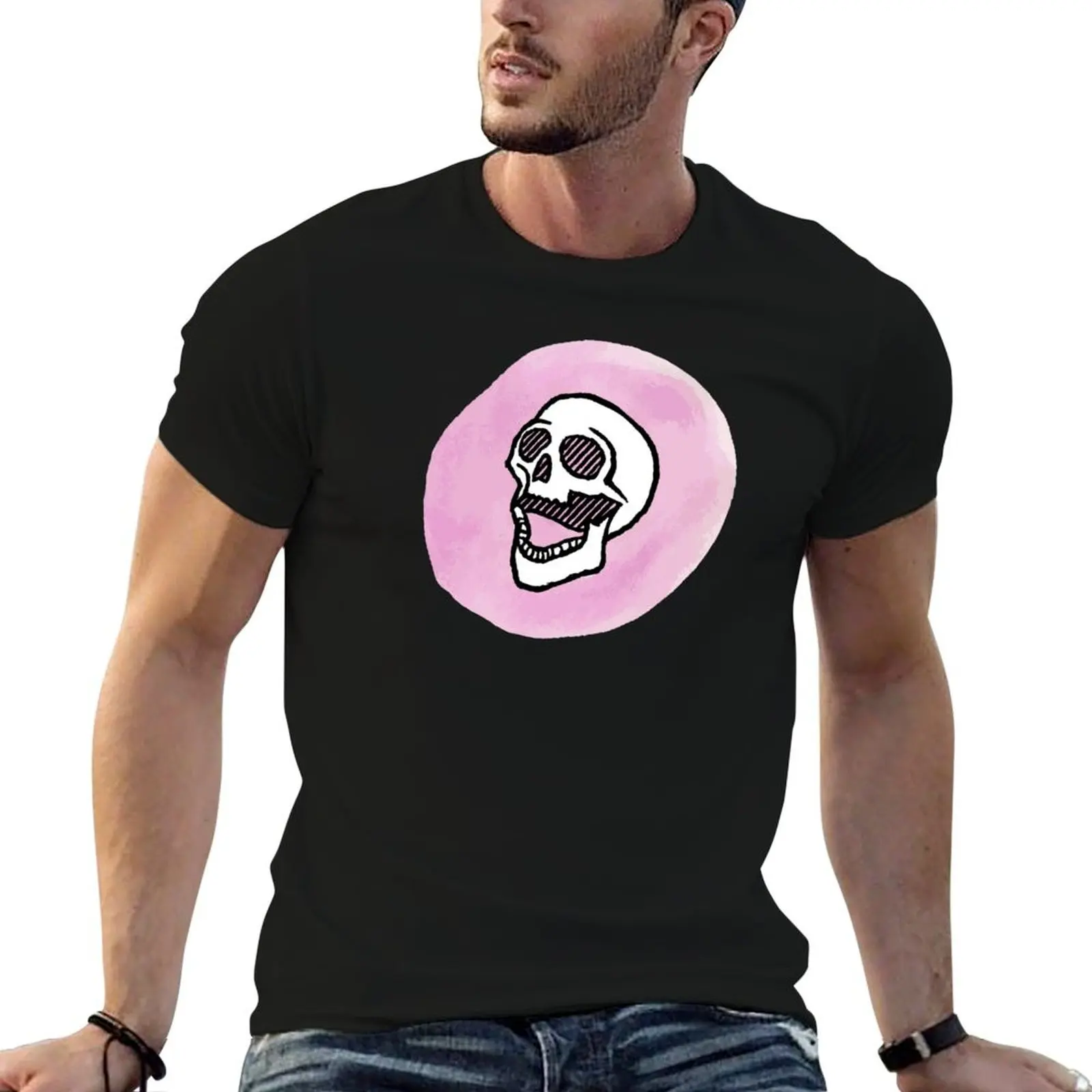 

Pink Watercolor and Ink Skull Print T-Shirt t shirt for man t shirt man luxury t shirts with prints T-shirt