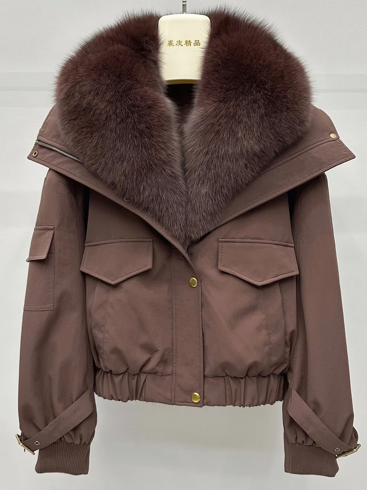 

High Quality Lady Winter Feather Jacket Detachable Large Real Fox Fur Collar Loose Warm Down Coat Solid Color Women Down Parkas