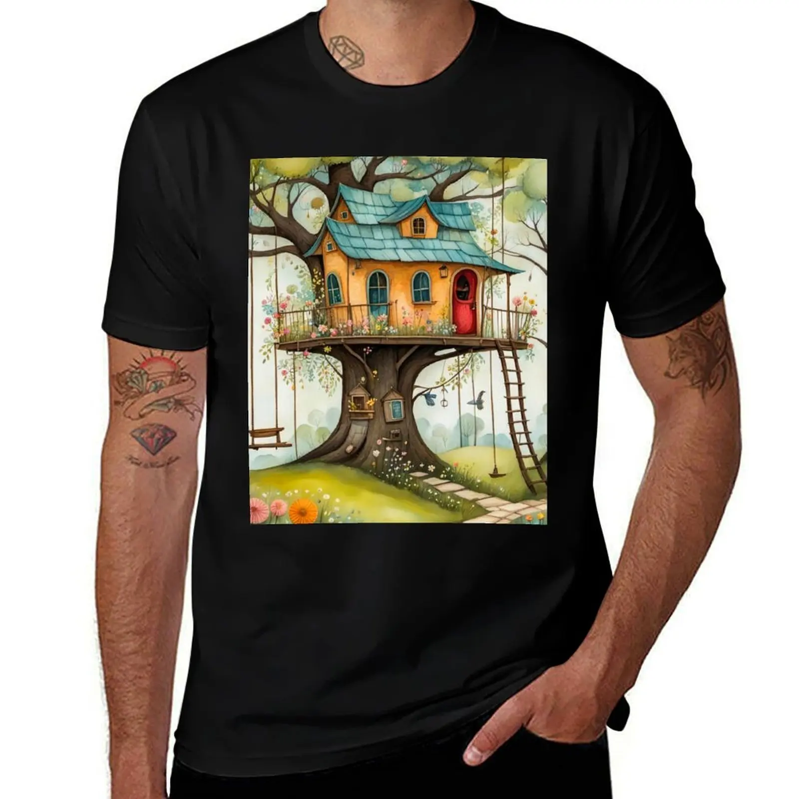 

The Hideout Cute Fantasy Wooden Tree House in the Meadow With Spring Flowers and Dandelions Garden - Whimsical Illustrat T-Shirt