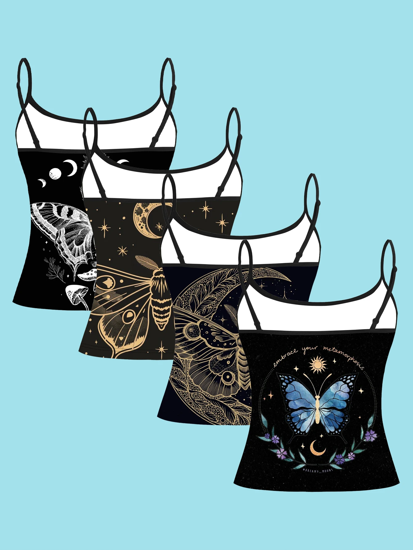 4-Piece Set of Astrology-Themed Moth Print Camisole Set with Black and Gold Moon and Star Patterns, Women's Spaghetti Strap Inner Wear Base Shirt