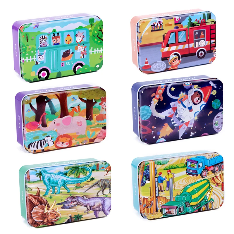 

60 Pcs/Set Cartoon Animal Wooden Jigsaw Puzzle with Iron Box Kids Baby Early Educational Learning Toys for Kindergarten Children