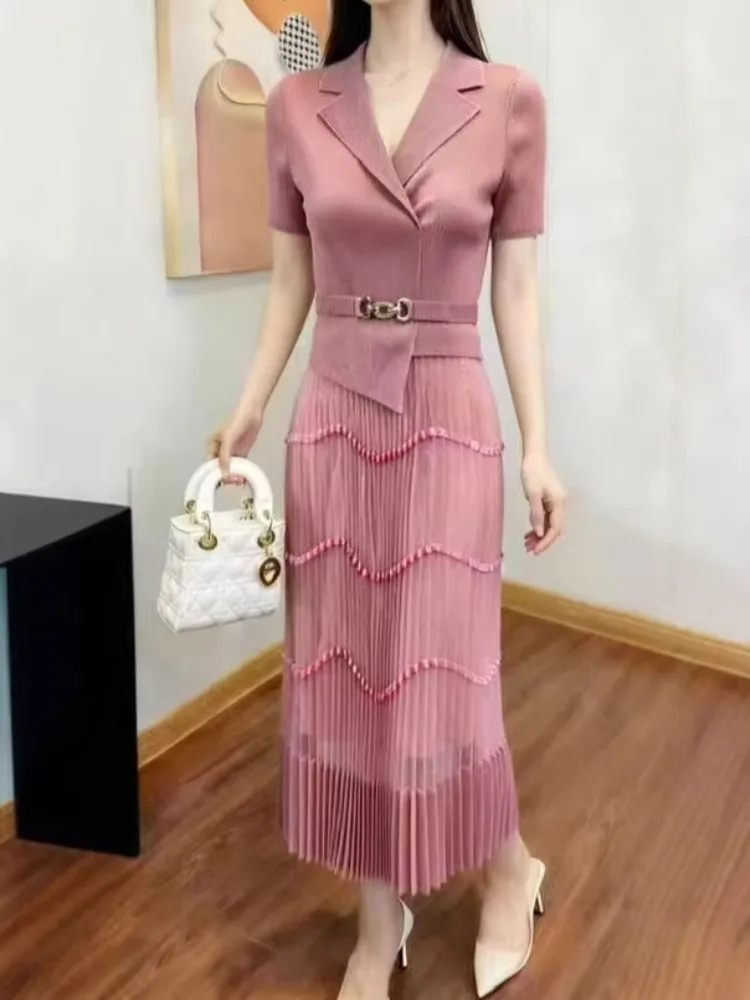 

Женское модное платье Miyake с круглым вырезом, облегающее, однотонное, с рюшами и плиссировкой, повседневное, весна 2026, новинка