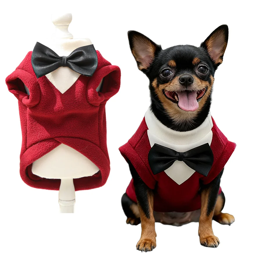 

Dog Tuxedo Clothes Winter Bow Formal Costume For Bridegroom Warm Weeding Party Suit For Small Dogs Dachshund Sweater