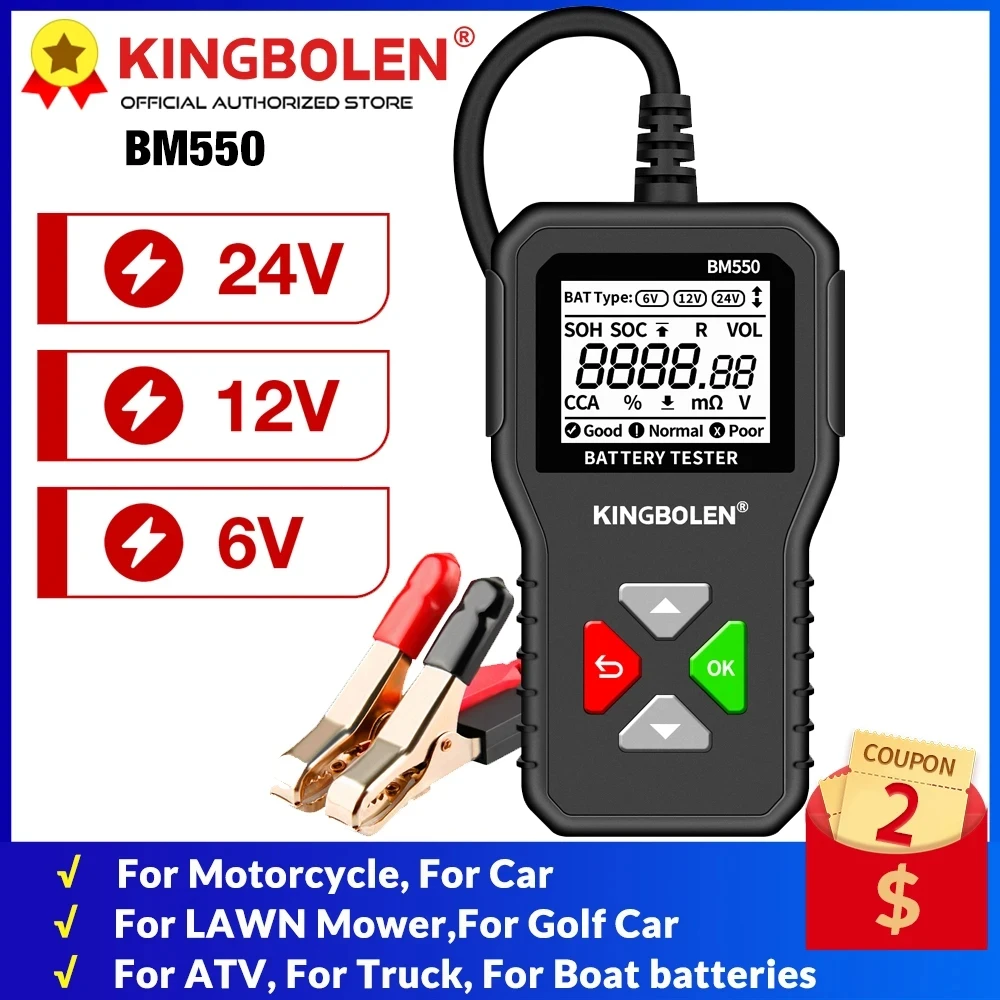 KINGBOLEN BM550 Auto Car Battery Tester 6V 12V 24V 100-2000 CCA Battery System Detect Battery Analyzer Car Battery Tool PK KW208