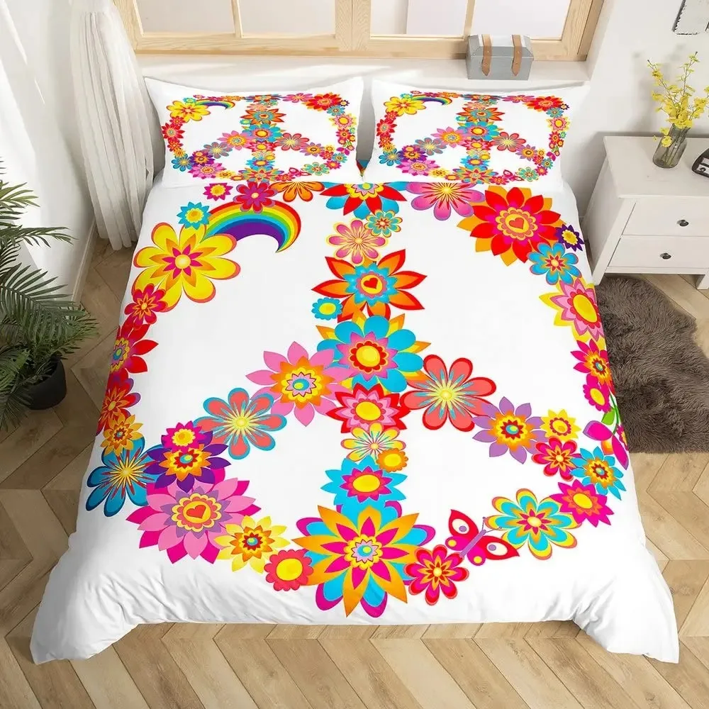 

Colorful Peace Symbol Duvet Cover Set Queen Size Boho Hippie Psychedelic Flowers Bedding Set Rainbow Tie Dye Comforter Cover Set