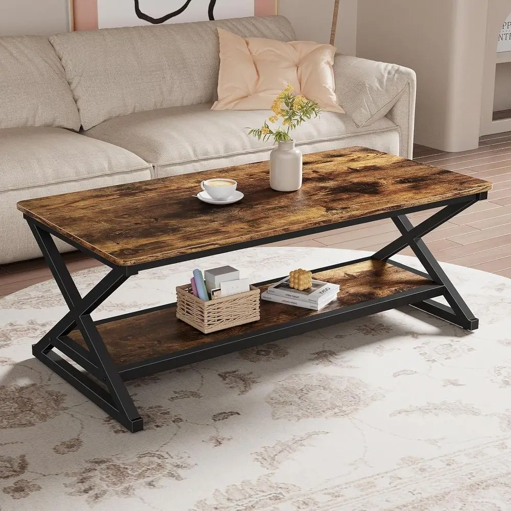 

47 Rustic Brown Coffee Table with 2-tier Storage Shelf, 350lbs Capacity, Easy Assembly