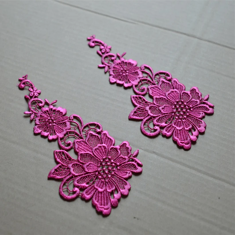 5Pieces Size19*10cm Fuscia Flower Gradient Guipure Applique Embroidered Sew-On Lace Patch DIY Coaster Wedding Decoration Lovely