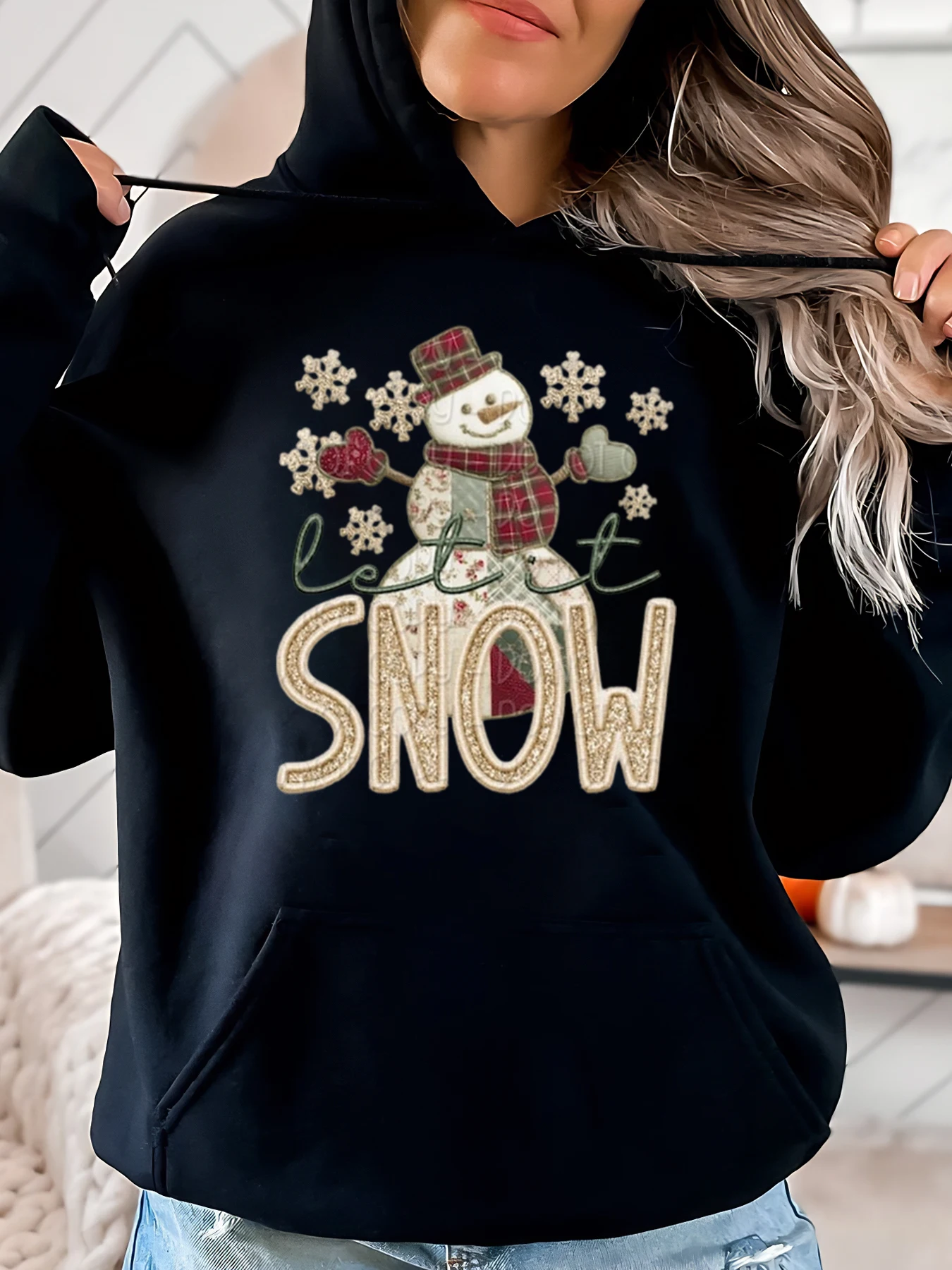 

Снеговик Let It Snow Рождественская толстовка с капюшоном для женщин Повседневная зимняя одежда черного цвета больших размеров