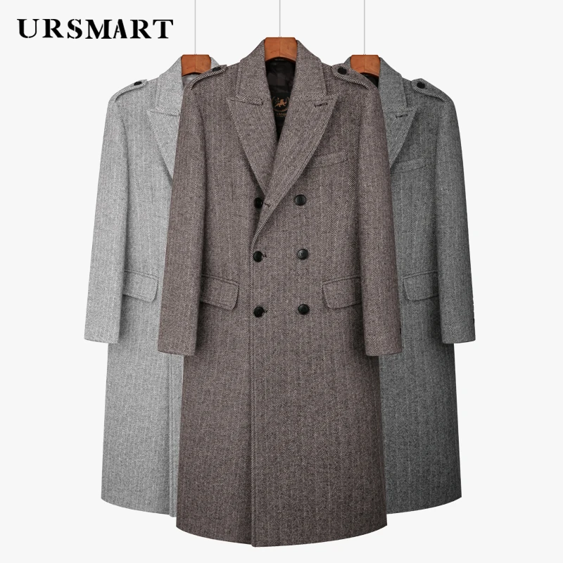 

Men's Classic Herringbone Wool Coat - Long Double Breasted British Fashion Thickened Down Jacket