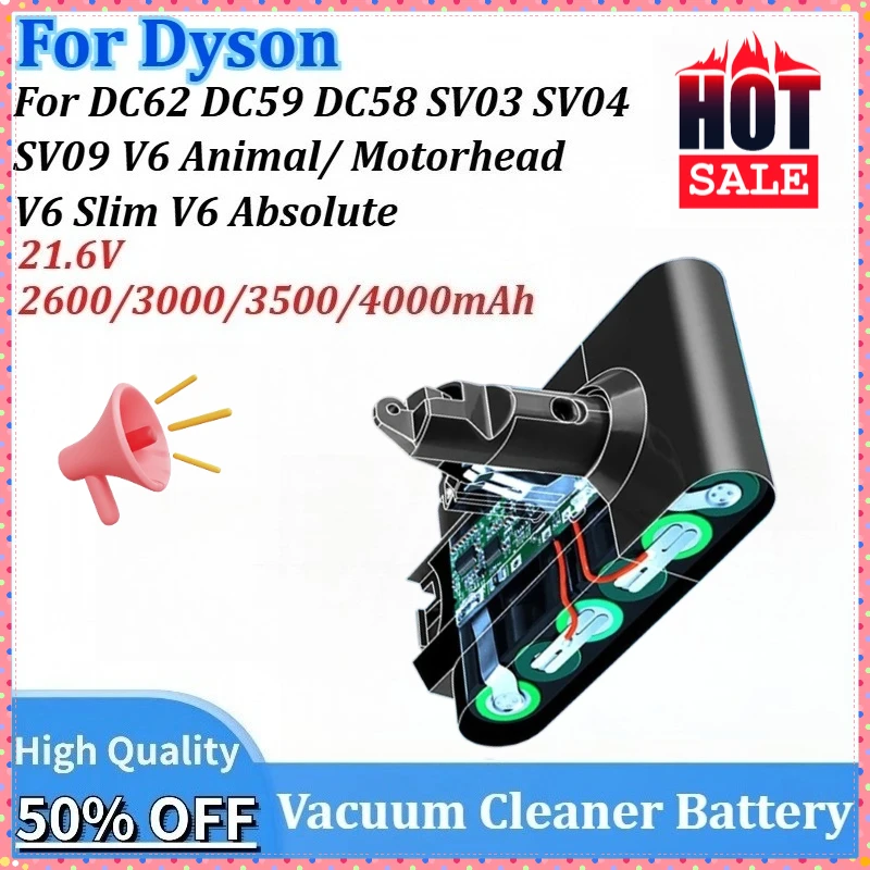 

21.6V 4000mAh Cordless Vacuum Cleaner Battery for Dyson DC59 DC58 DC62 SV04 SV03 SV09 V6 Animal Motorhead V6 Slim V6 Absolute