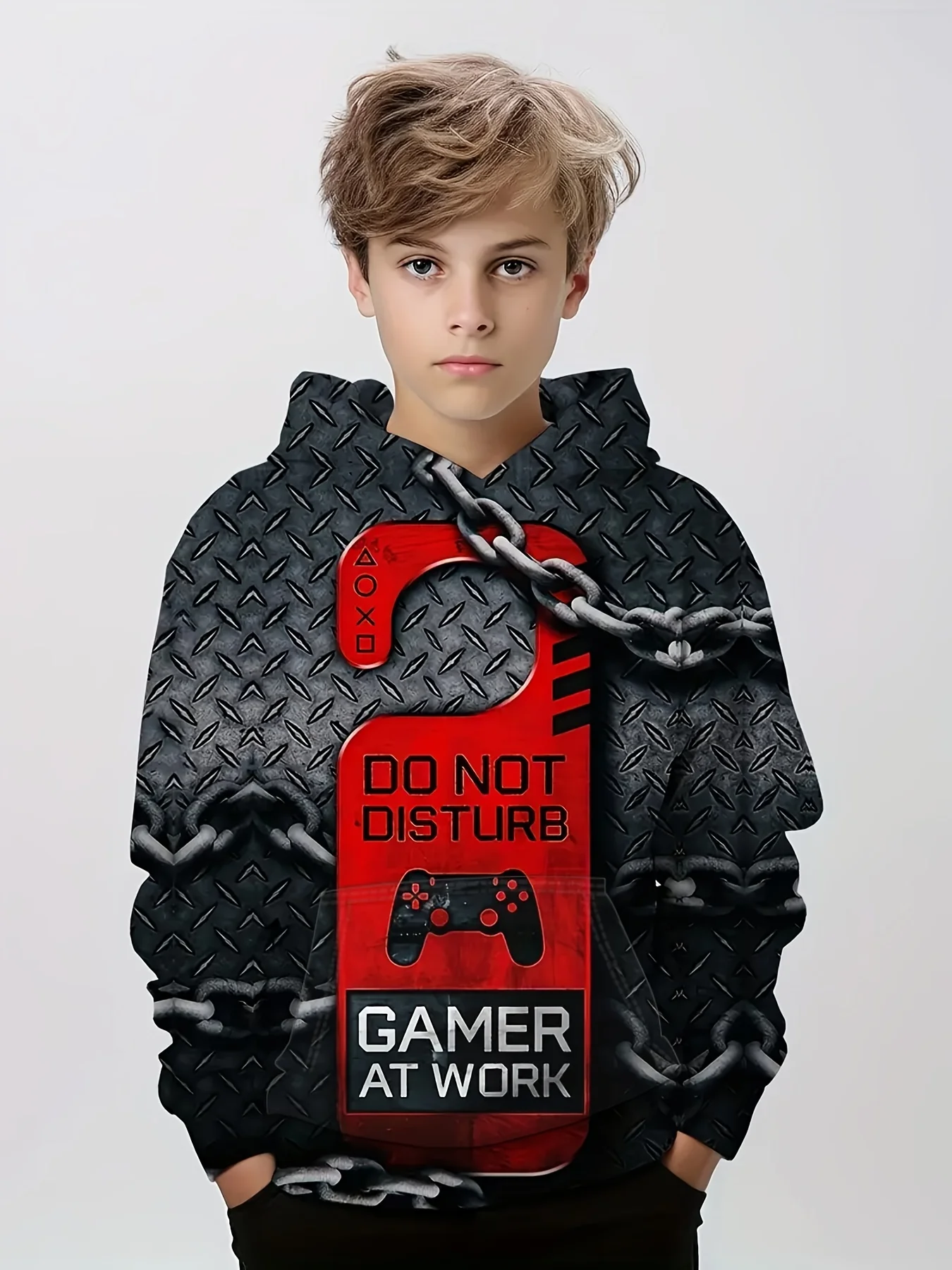 Stylish Gamepad And Chain 3d Print Boys Casual Pullover Hooded Long Sleeve Sweatshirt For Spring Fall, Kids Hoodie Tops Outdoor