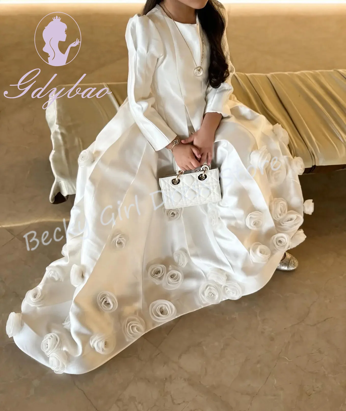 

Customized Satin Flower Girl Dresses For Wedding 3D Flower Full Sleeves Princess Banquet Evening Party First Communion Prom Gown