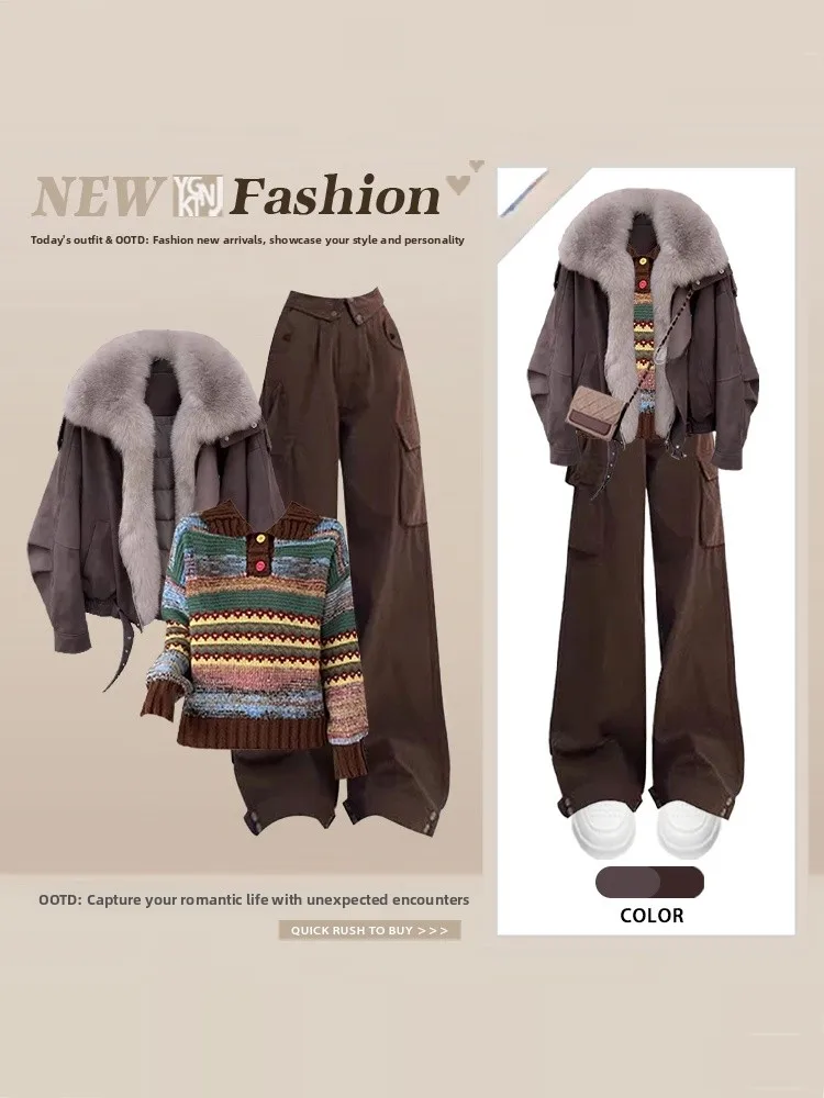 

Retro Sle Women's Coat with Fur Collar And Striped Sweater Pants Set Slimming High-End Autumn Winter Faion Ensemble