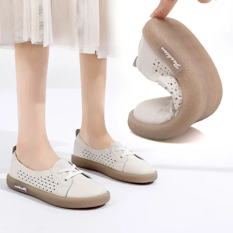 

Plus Size Genuine Leather Women Mesh Sneakers Summer Flat Little White Shoes Ladies Casual Vulcanized Shoes Maternity