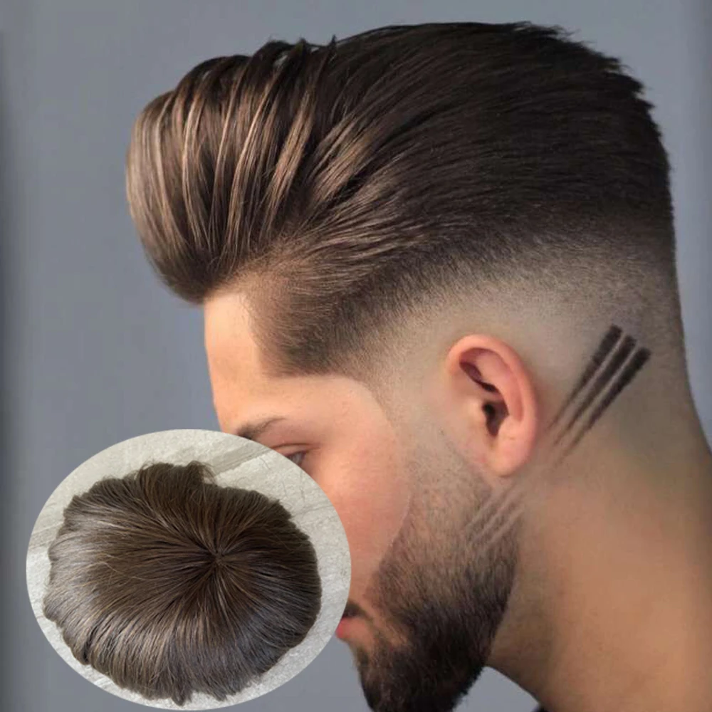 Perruque de système de cheveux humains bruns pour hommes, Miscro indétectable durable, peau fine, bouclé, base de 0.04mm, délié naturel, #2