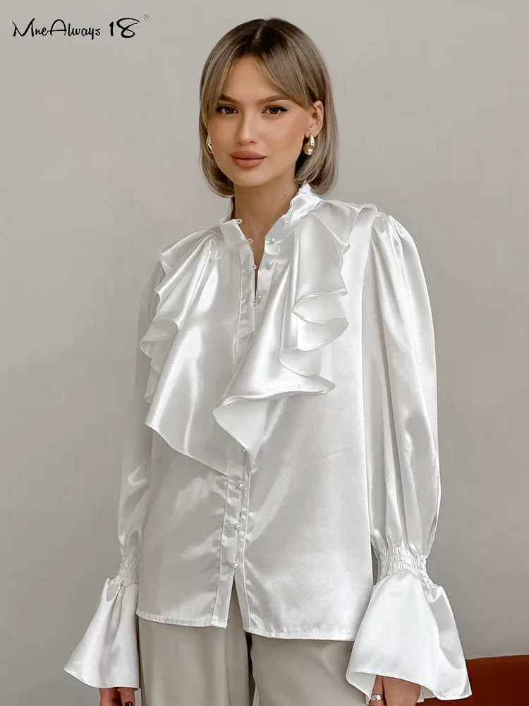 Mnealways18 White Satin Ruffled Shirts Women's Flare Sleeves Ruched Strand Collar Blouses And Tops Office Ladies Black Fall 2024