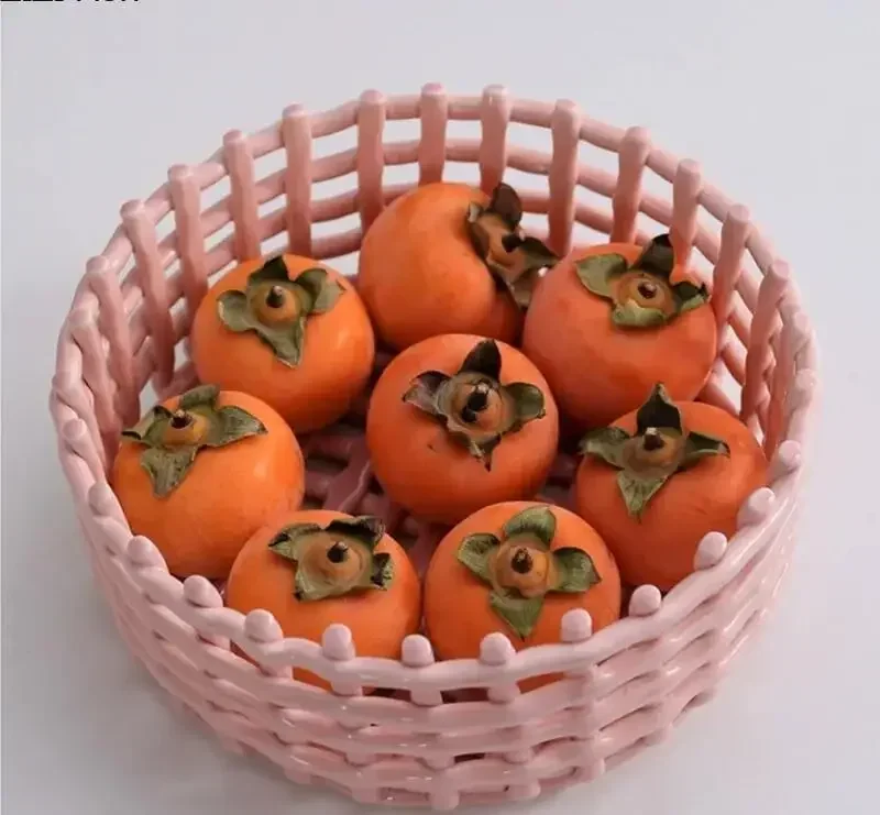 

Round Ceramic Fruit Plate Woven Storage Basket Snack Candy Storage Ornaments Nordic Home Kitchen Drain Fruit and Vegetable Plate