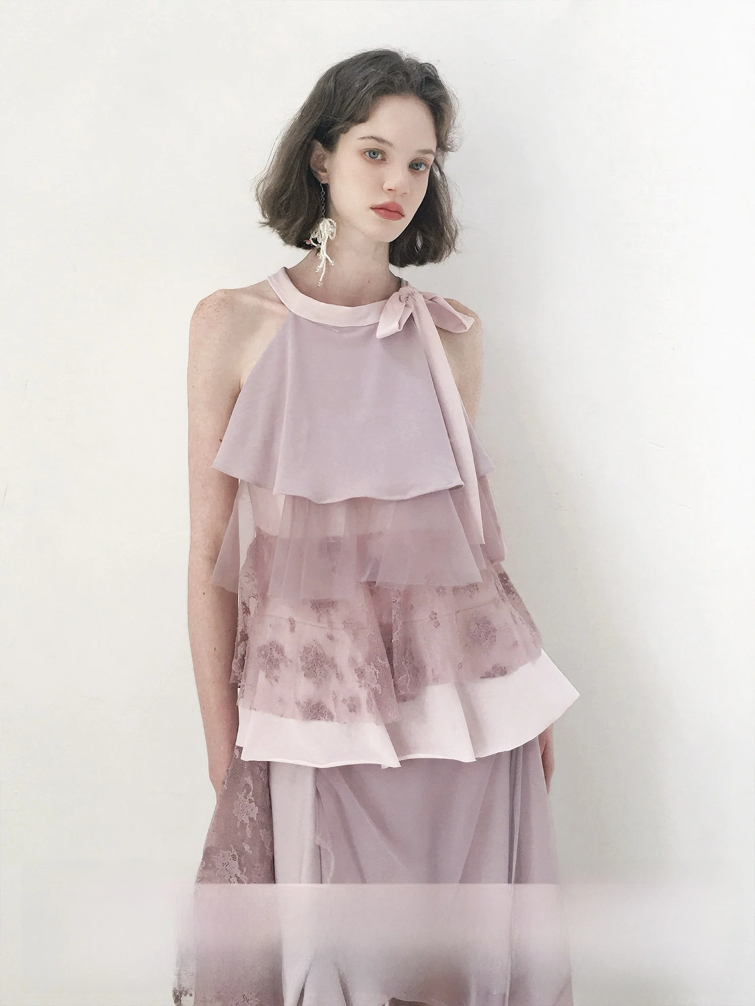 

Original Sweet Style Purple Splice Hanging Neck Knot Tie Multi Layer Splice Top Women's Loose Fit round Neck Spring...