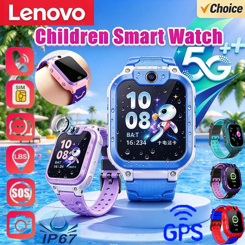 Lenovo 5G Children 8K Camera Smart Watch GPS Location SOS Call Waterproof Sim Card Anti-lost Kids Watch for Boy Girl Electronic