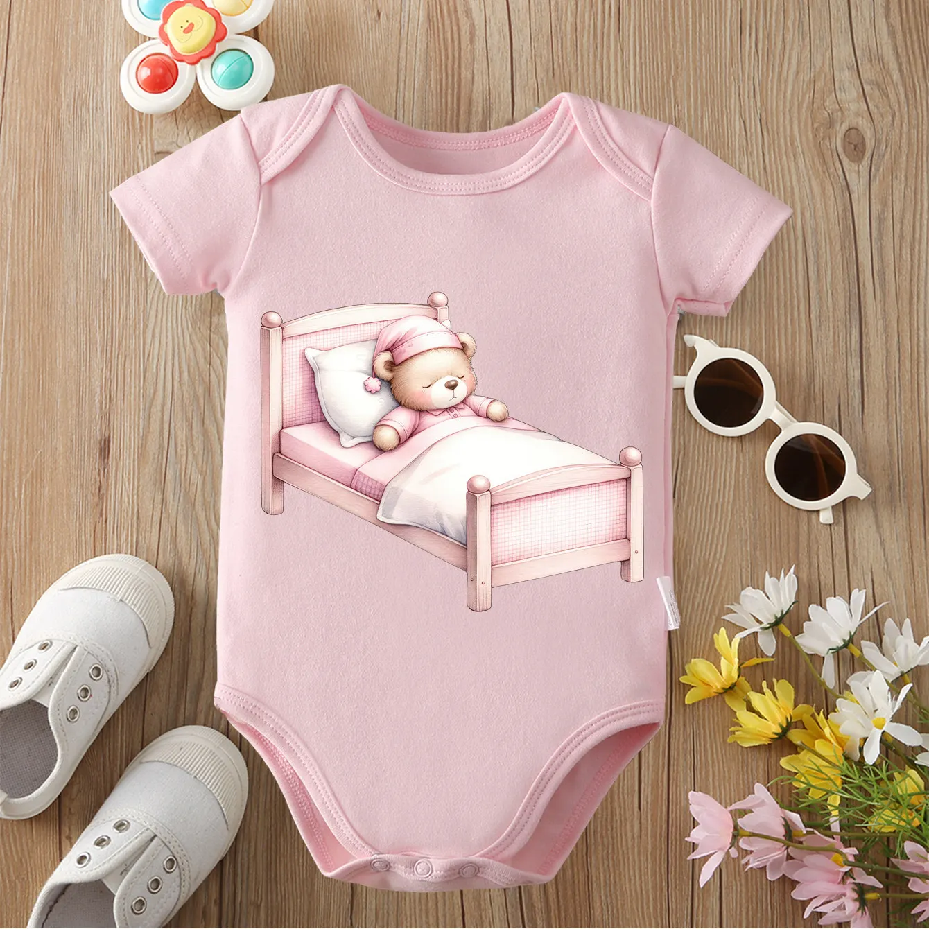 

100% хлопок, розовое боди с принтом «Спящий медведь», удобные комбинезоны для малышей, комбинезон для новорожденных от 0 до 12 месяцев